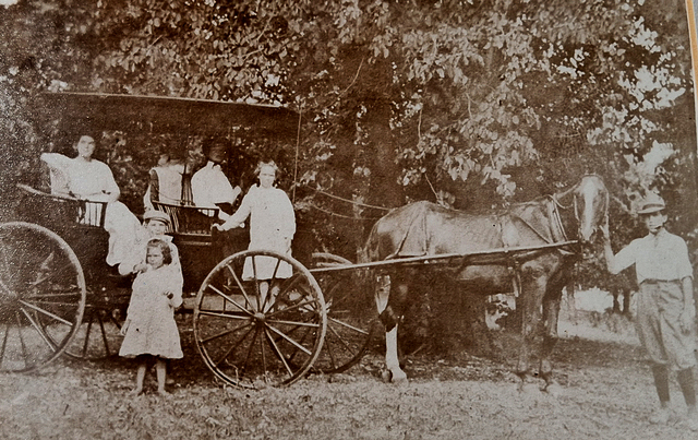 Charlie - holding Ginger the horse, Nellie (Grandma Crowe) front seat, Frances - standing on wheel, Edna - in back seat, Ruby - seat behind Nellie, Mildred - standing (feet on ground), Boy behind Mildred ????  (picture of picture - not from negative)