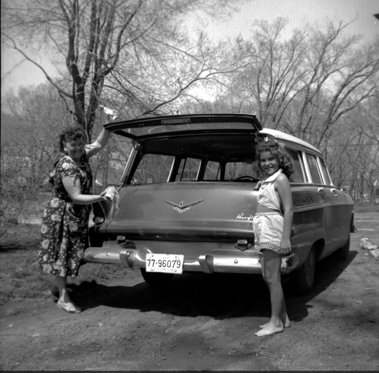 Mildred Grace Crowe Redhead, Linda Jean Gilchrist and the red and white 1955 Dodge Station Wagon