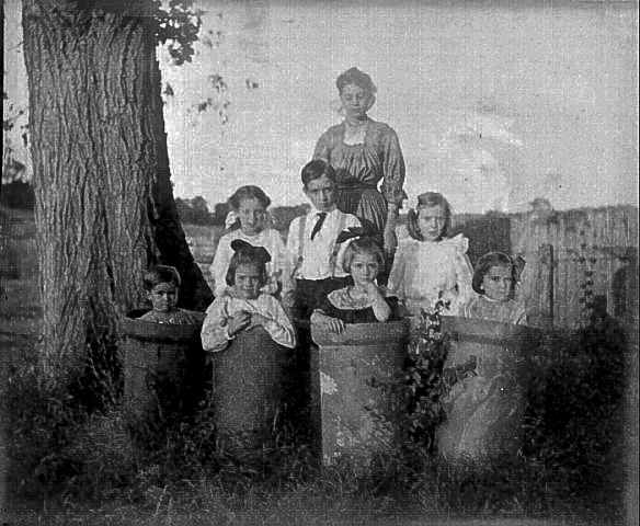 Uncle Georges Farm, Front: Herbert Henry Redhead, Nell Redhead, Vona Redhead, Ada  Redhead  Rear: Ann Redhead, Hugh Redhead, Helen Redhead  Majorie Redhead (mother of Ann Nell Hugh and Vona)  Please note - these - names are correct assignments may not be