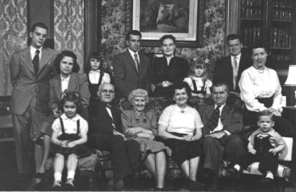 Front: Linda Jean Gilchrist Mollman, Herbert Stone Redhead, Jennie Squire Redhead, Mildred Grace Crowe Redhead, Herbert Henry Redhead, Wesley Earl Redhead   Rear: Keith Noel Gilchrst, Mildred Joy Redhead Gilchrist, Kell Ann Redhead, Herbert Kelland Redhead, Baretta Goodman Redhead, Sally Redhead Ross, Wesley Dale Redhead, Marjorie Aileen Winemiller Redhead