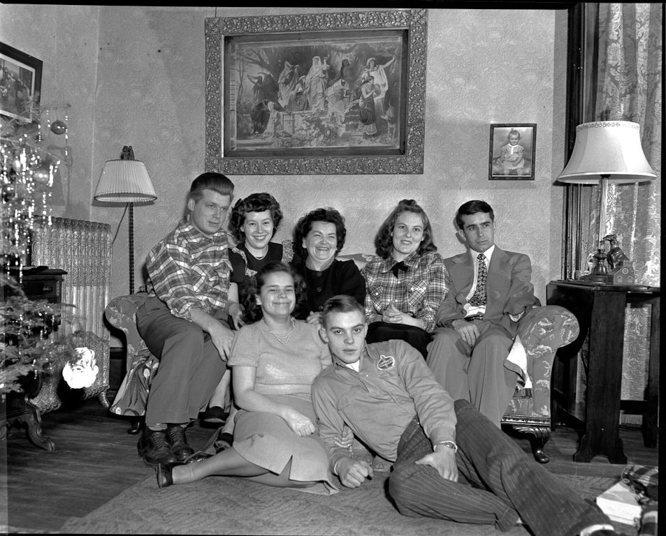 Christmas 1949 Front: Mildred Joy Redhead Gilchrist, Keith Noel Gilchrist  Rear: Wesley Dale Redhead, Marjorie Aileen Winemiller Redhead, Mildred Grace Crowe Redhead, Baretta Goodman Redhead, Herbert Kelland Redhead