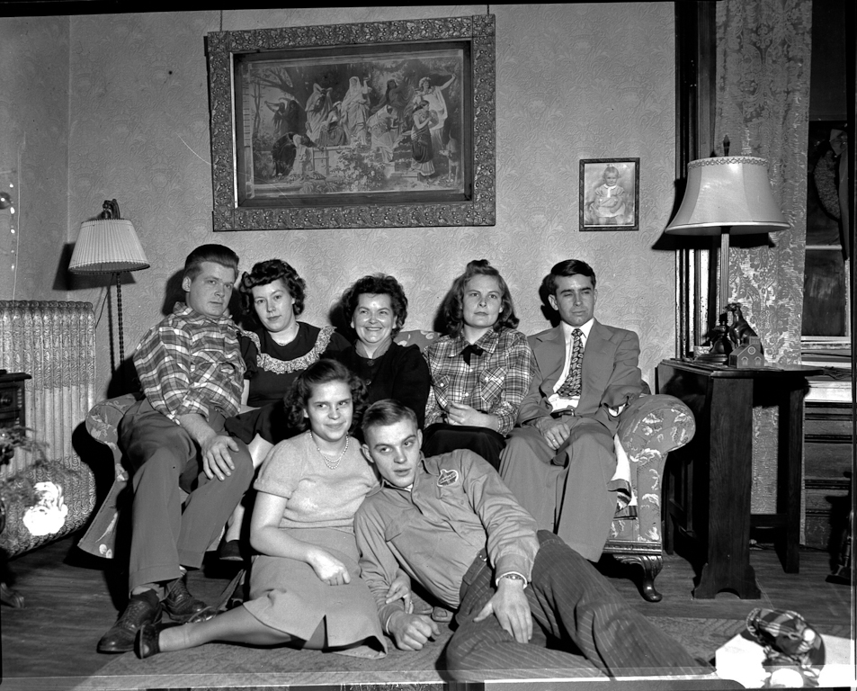 Christmas 1949 Front: Mildred Joy Redhead Gilchrist, Keith Noel Gilchrist  Rear: Wesley Dale Redhead, Marjorie Aileen Winemiller Redhead, Mildred Grace Crowe Redhead, Baretta Goodman Redhead, Herbert Kelland Redhead