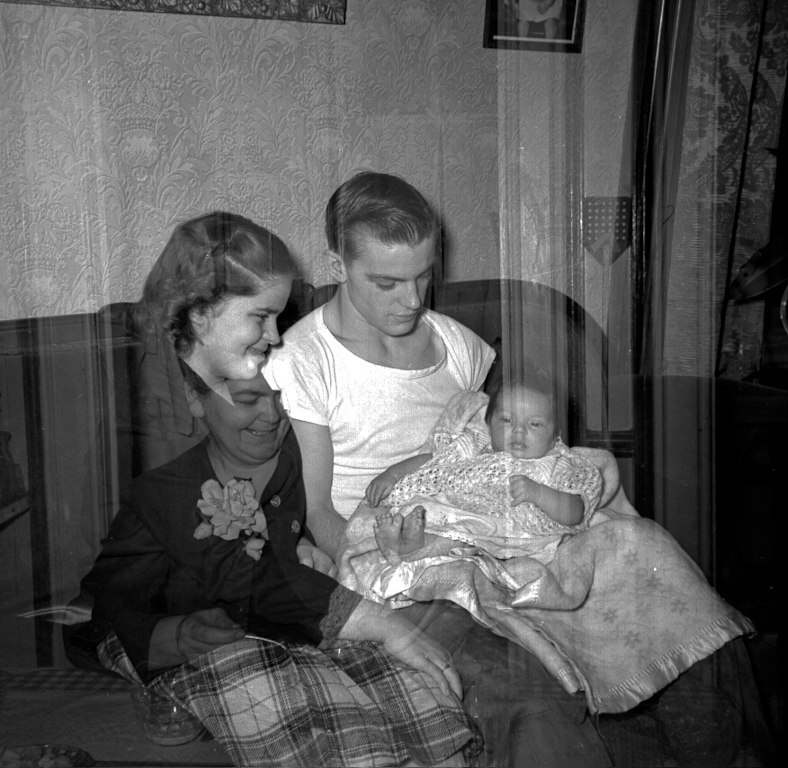Double exposed: Mildred Joy Redhead Gilchrist, Keith Noel Gilchrist, Linda Jean Gilchrist and Grandma Mildred Grace Crowe Redhead popping in